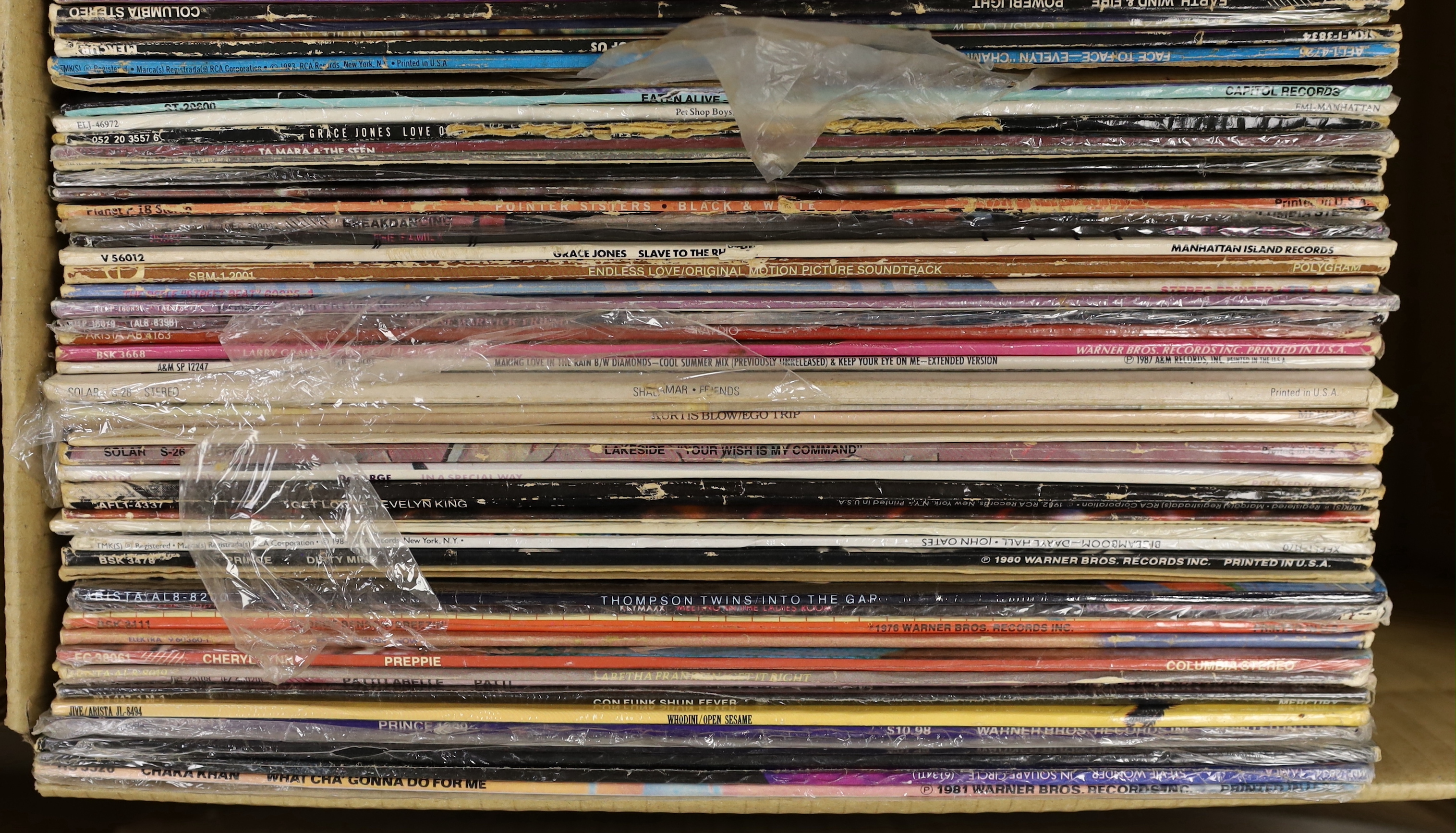 Ninety mostly 1970's/80's LPs etc., including Earth, Wind & Fire, Michael Jackson, Diana Ross, Pet Shop Boys, Pointer Sisters, Grace Jones, Dionne Warwick, Stevie Wonder, Sister Sledge, Sting, etc. Together with a number